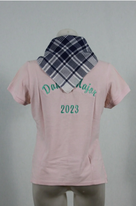 Pañoleta tradicional valenciana de cuadros azul y blanco anudado alrededor del cuello de un maniquí.