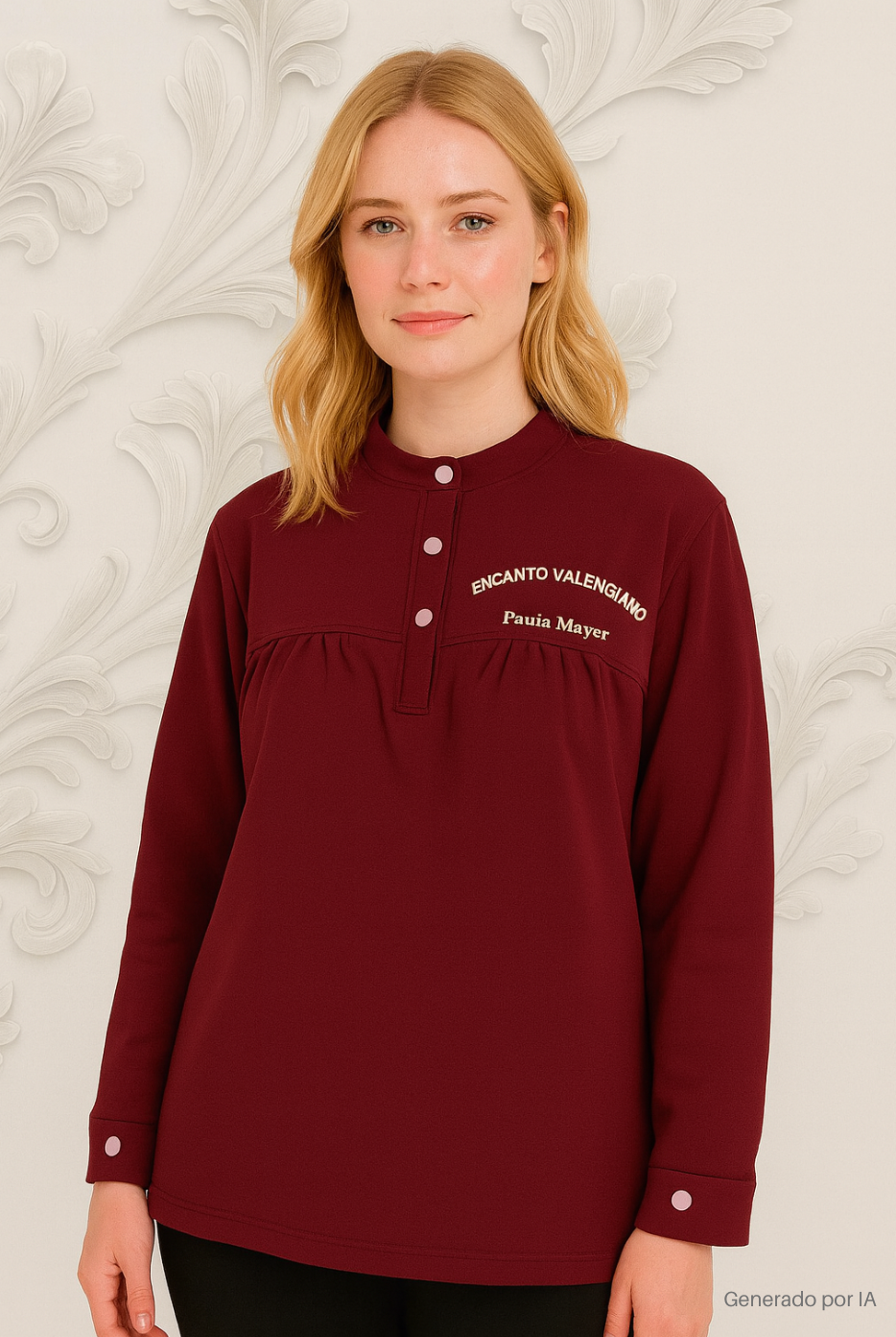 Persona vistiendo con un blusón granate con cuello abotonado y bordado blanco de Encanto Valenciano en el pecho
