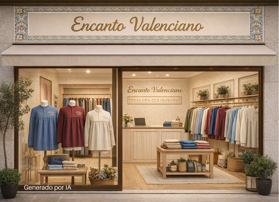 Fachada de nuestra tienda Encanto Valenciano con escaparate iluminado, maniquíes vestidos y decoración en tonos madera y beige.