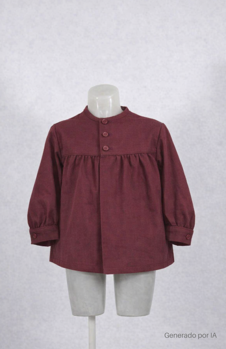 Blusón infantil burdeos de manga larga con cuello alto y botones, mostrado en maniquí sobre fondo neutro.