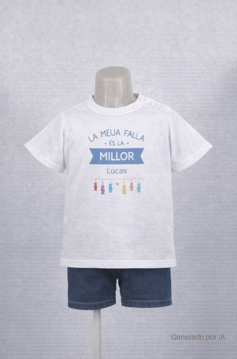 Camiseta infantil blanca con el mensaje “La meua falla és la millor – Lucas” y adornos coloridos, mostrada en maniquí sobre fondo neutro.