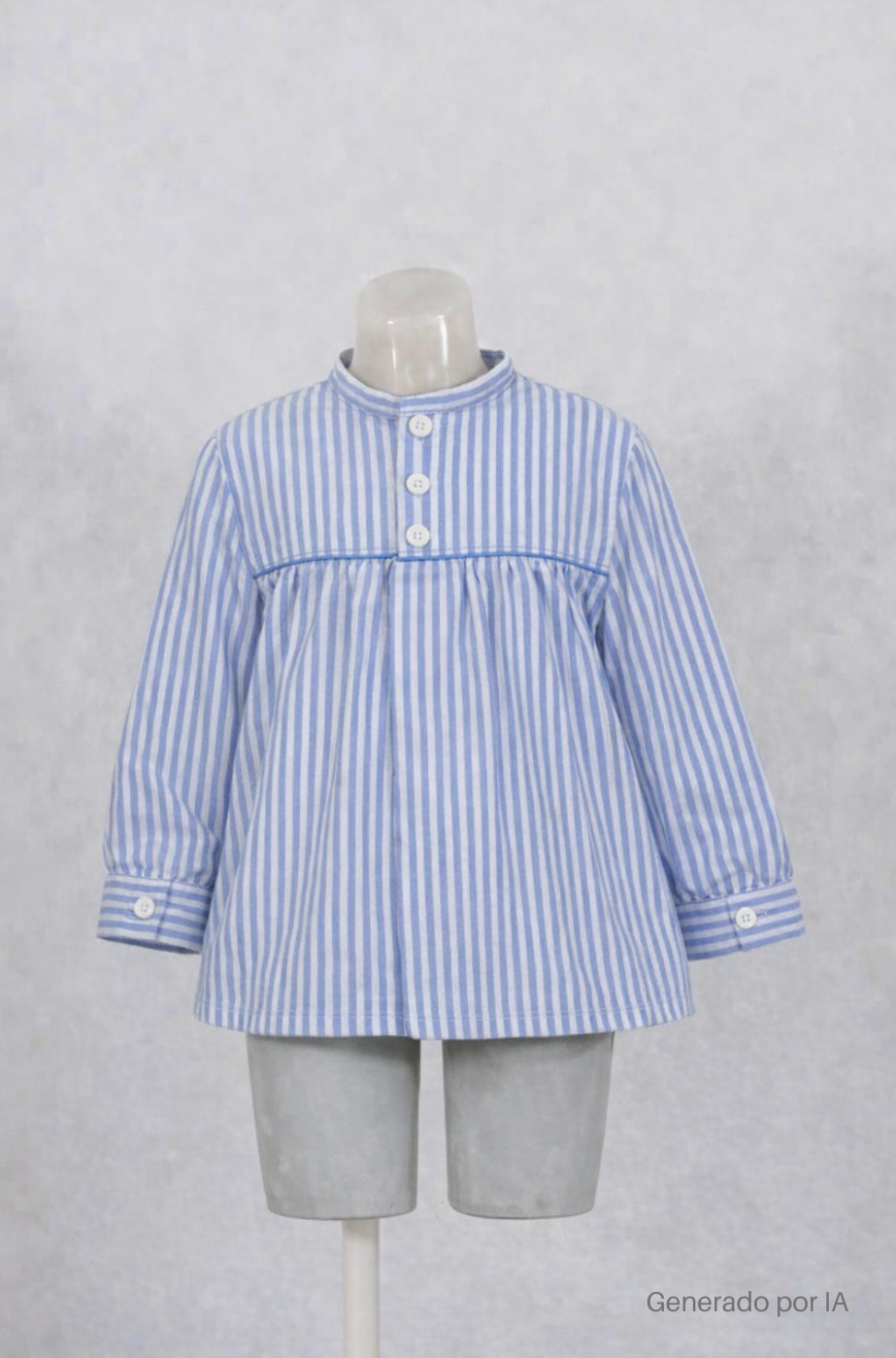 Blusón infantil azul y blanco con botones delanteros, presentada en maniquí sobre fondo neutro.