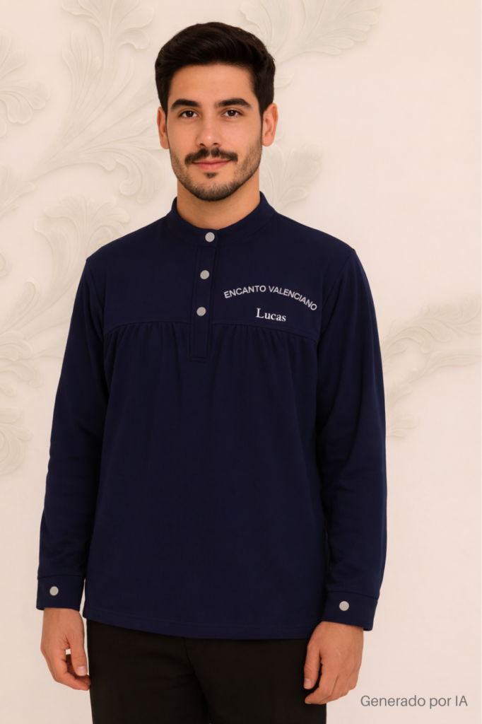 Hombre con blusón azul marino de cuello redondo y bordado blanco de Encanto Valenciano con el nombre Lucas.