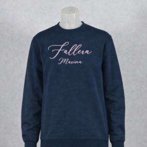 Sudadera mujer azul marino con el texto Fallera Marina en tipografía rosa, mostrada en maniquí sobre fondo neutro.