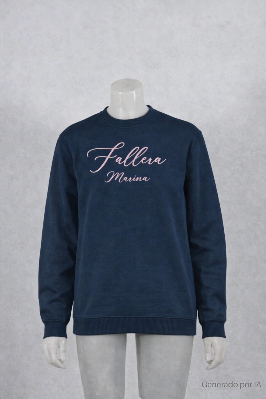 Sudadera mujer azul marino con el texto Fallera Marina en tipografía rosa, mostrada en maniquí sobre fondo neutro.