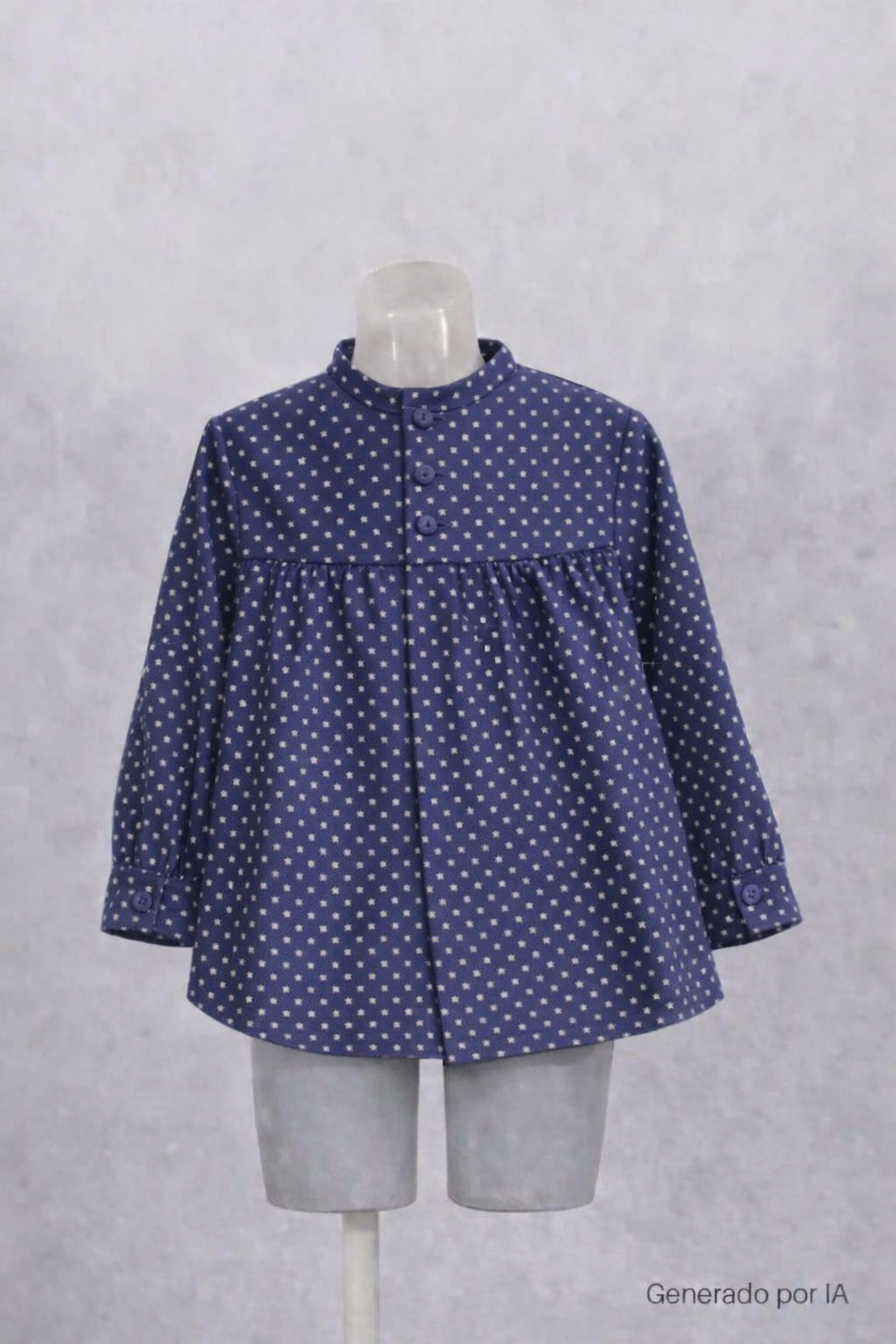 blusón infantil de manga larga 100 % algodón en color azul marino con estampado de pequeñas estrellas blancas. Presenta cuello redondo, cierre frontal con botones y un ligero fruncido en el pecho que aporta un diseño cómodo y elegante
