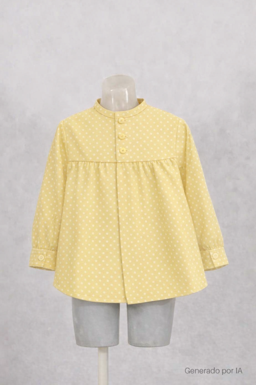 Blusón infantil amarillo con estampado de estrellas blancas y botones delanteros, expuesto en maniquí con fondo gris