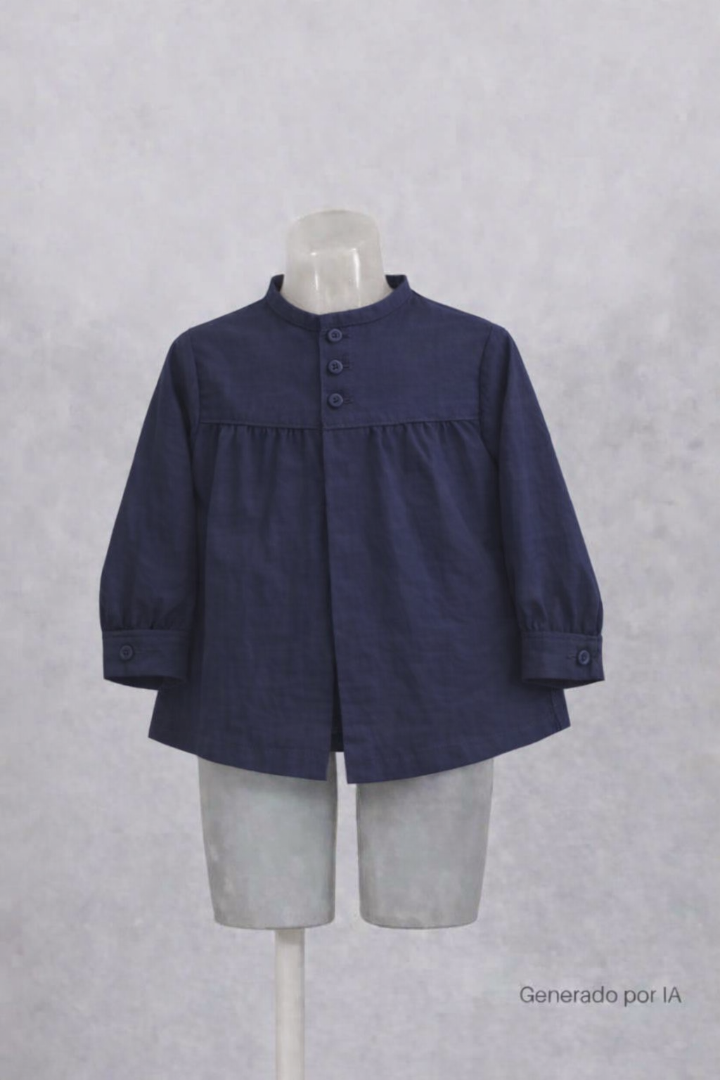 Blusón infantil de pana azul marino de manga larga con cuello alto y botones, presentado en maniquí sobre fondo neutro.