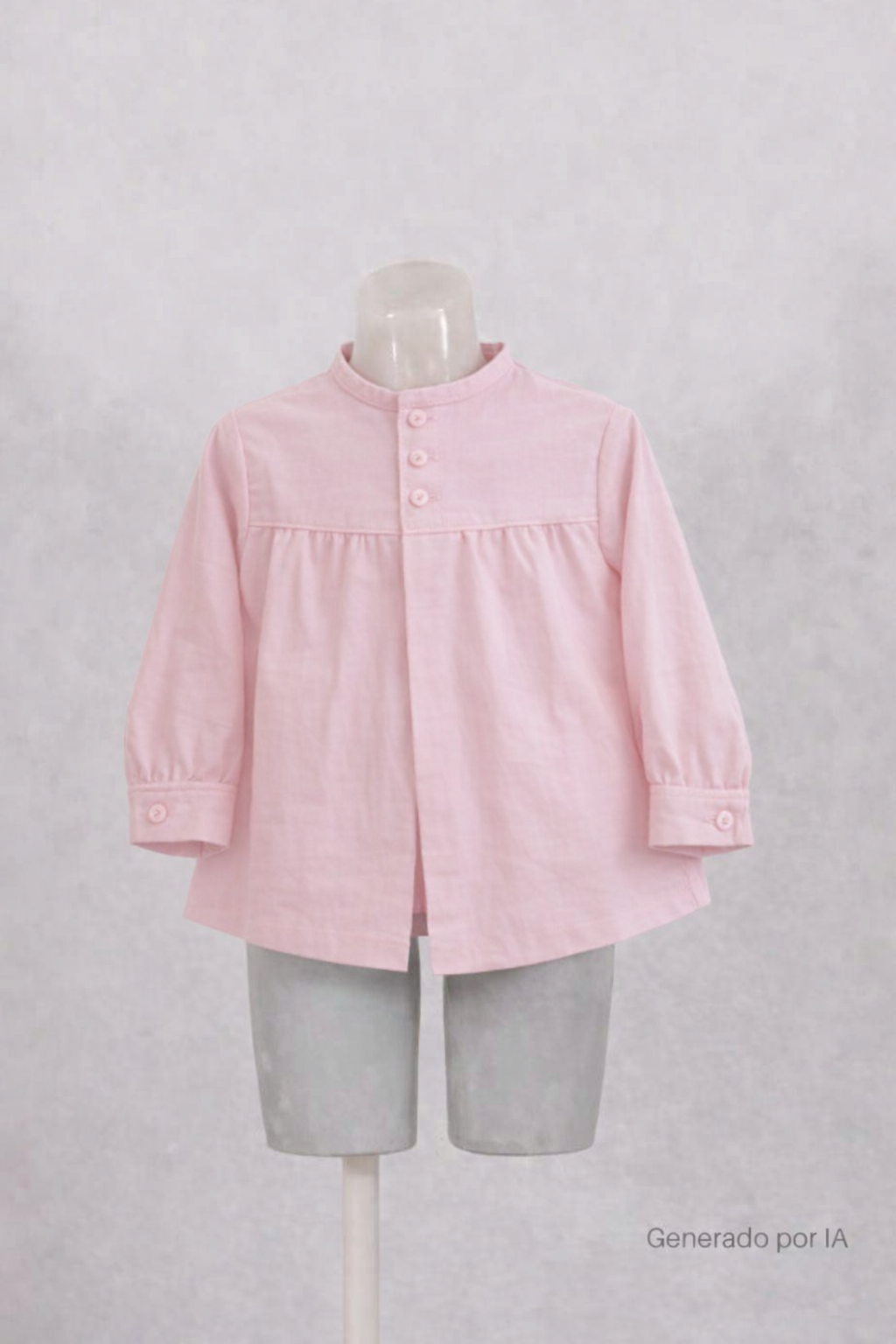 Blusón infantil de pana rosa de manga larga con cuello alto y botones, presentado en maniquí sobre fondo neutro.