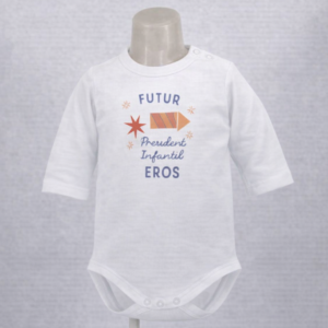 Bodi infantil blanco con ilustración de cohete y el texto Futur President Infantil Eros, mostrado en maniquí sobre fondo neutro.