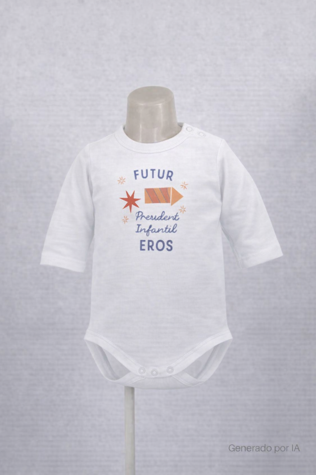 Bodi infantil blanco con ilustración de cohete y el texto Futur President Infantil Eros, mostrado en maniquí sobre fondo neutro.