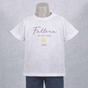Camiseta infantil blanca con texto “Fallera de cap a peus Alba”.