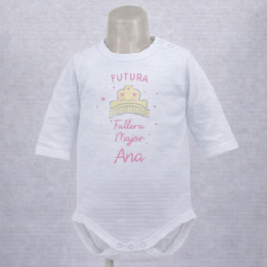 Body infantil blanco con diseño “FUTURA Fallera Major Ana” en tonos rosa y amarillo.